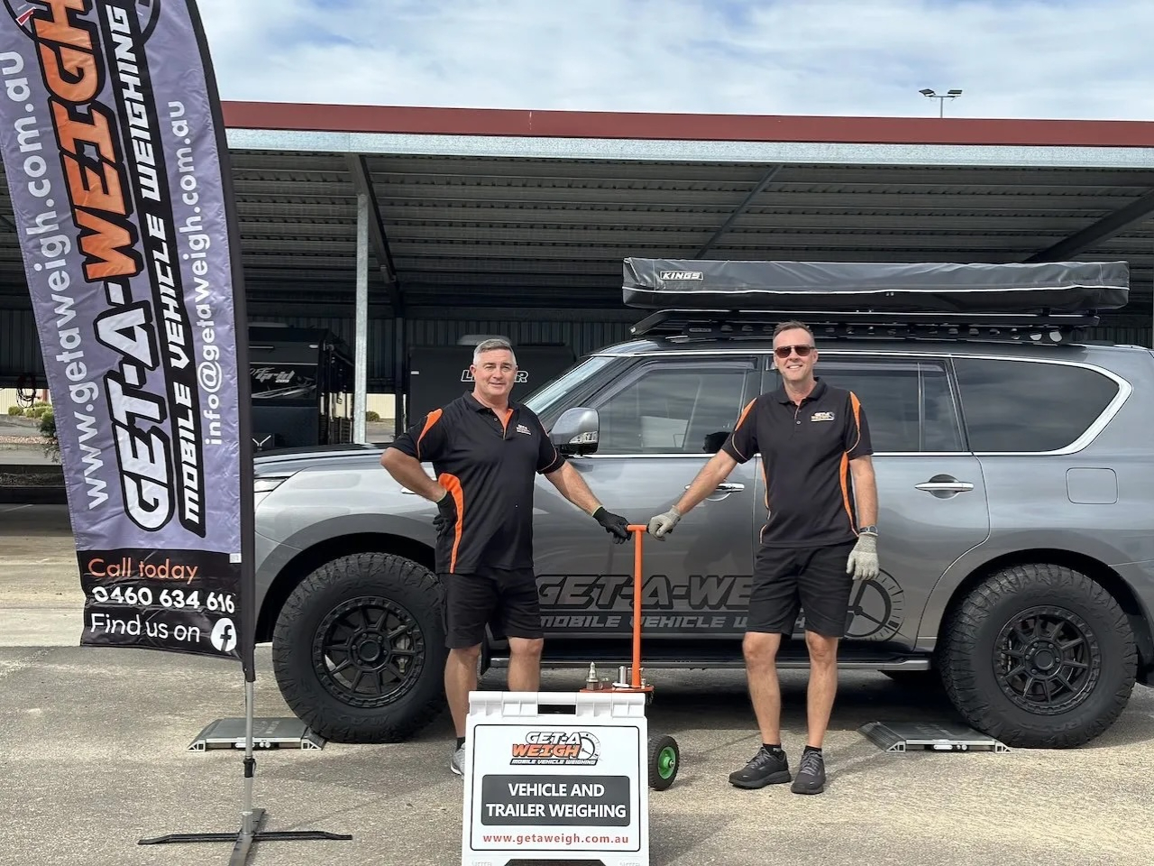 Get-A-Weigh team with mobile vehicle weighing equipment and branded 4WD